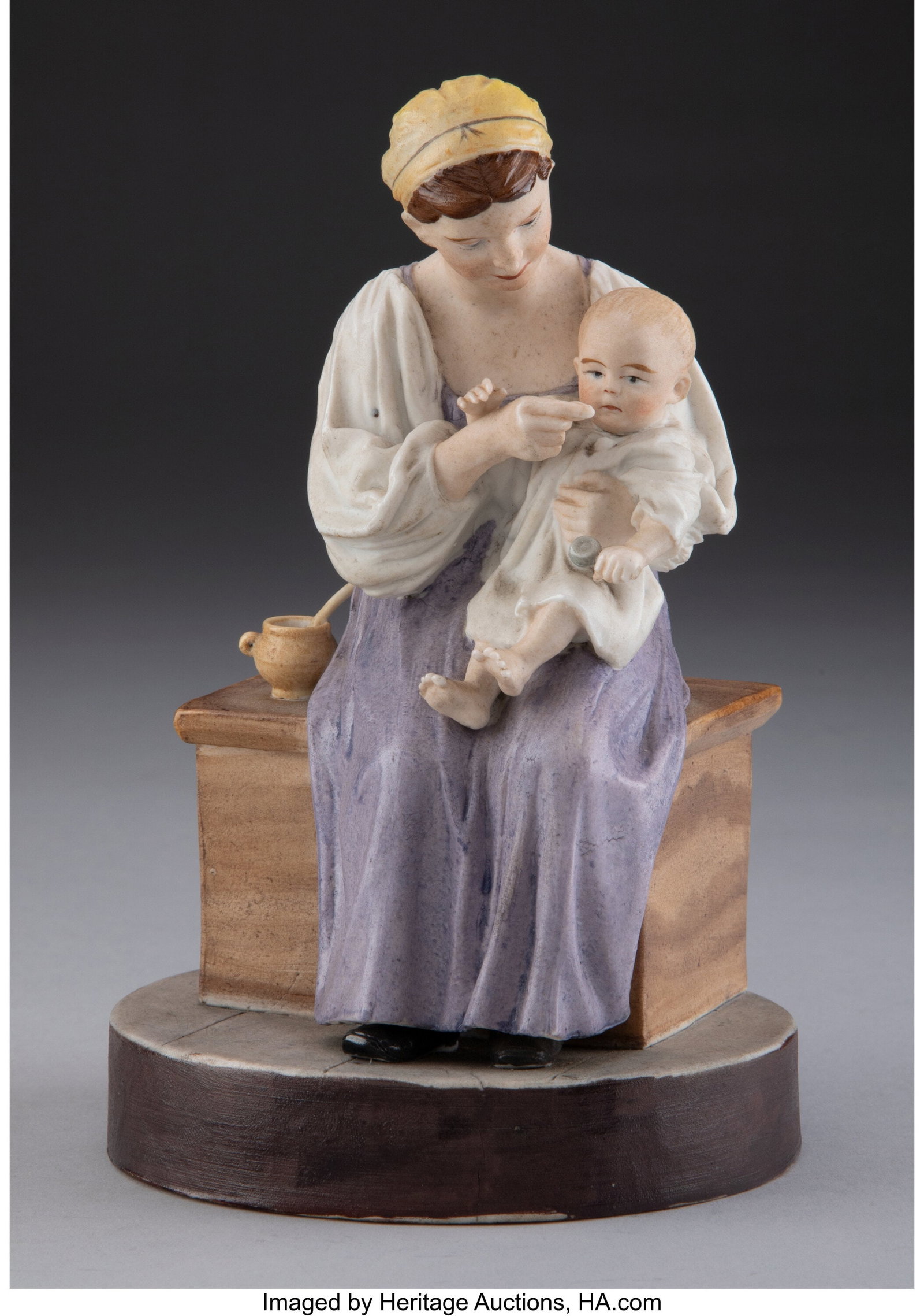 A Popov Porcelain Factory Figural Group: Woman H: A Popov Porcelain Factory Figural Group: Woman Holding a Baby, Moscow, 19th century Marks: (impressed factory mark) 6-1/2 x 4-1/8 x 4-1/8 inches (16.5 x 10.5 x 10.5 cm) PROVENANCE: The Kanter Collecti