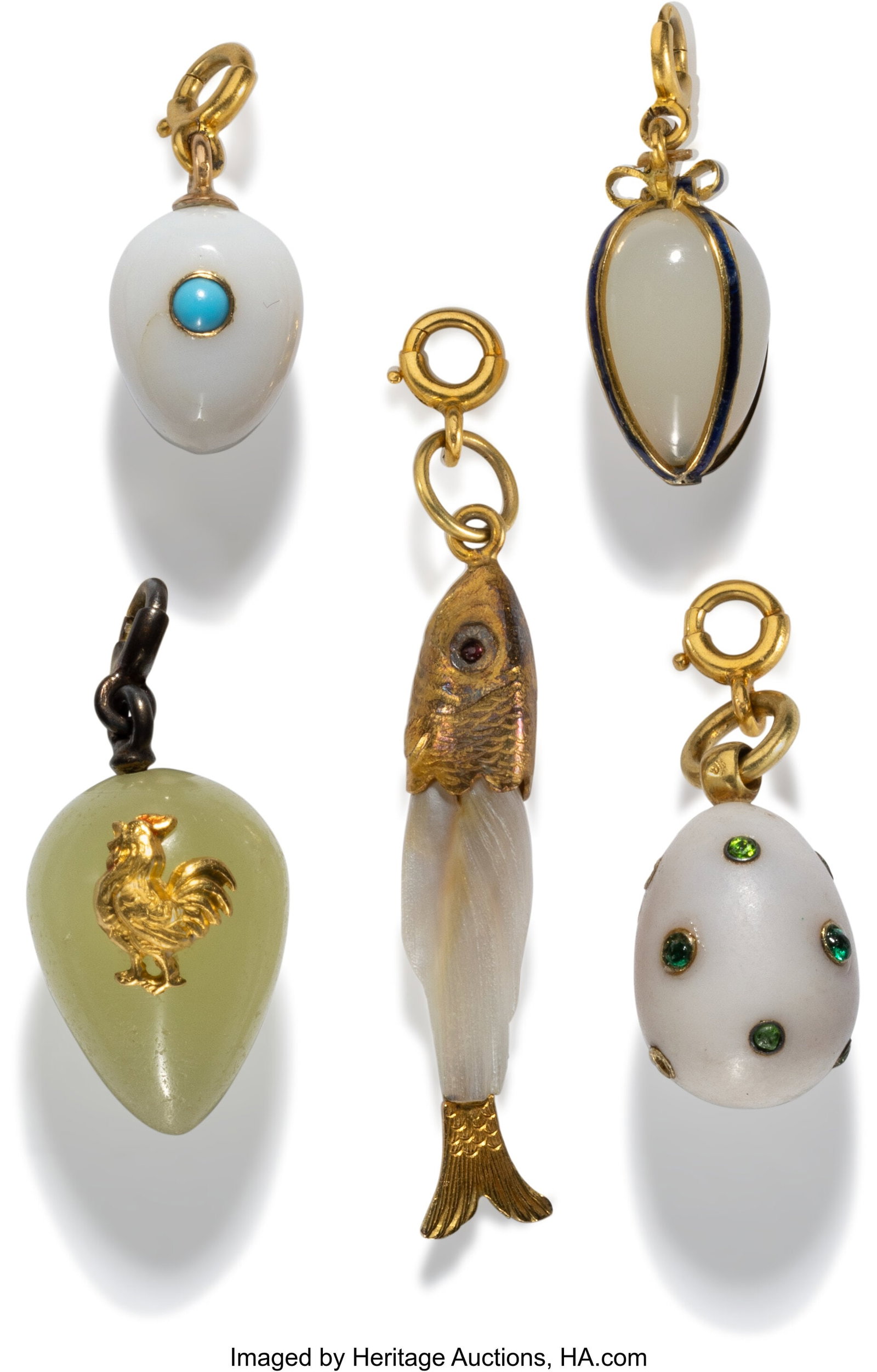 Five Continental Hardstone and Mother-of-Pearl P: Five Continental Hardstone and Mother-of-Pearl Pendants, circa 1900 Marks: (various) 1-1/2 inches (3.8 cm) The lot comprising: 1 Baroque pearl and 18k 