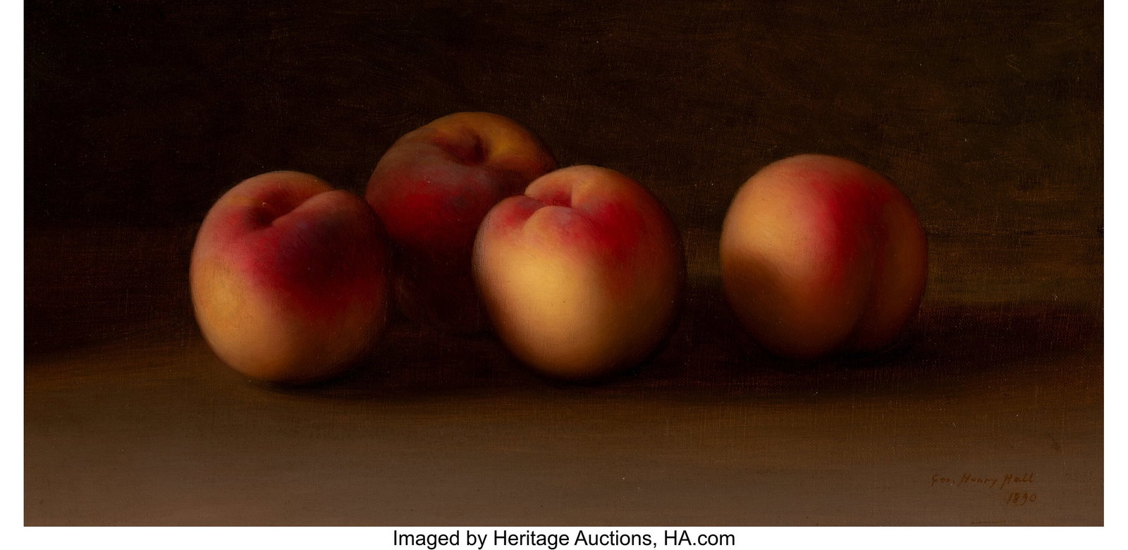 George Henry Hall (American, 1825-1913) Peaches,: George Henry Hall (American, 1825-1913) Peaches, 1890 Oil on canvas laid on panel 7 x 14-1/2 inches (17.8 x 36.8 cm) Signed and dated lower right&colo