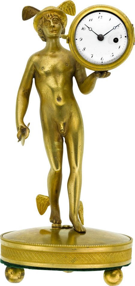 Baillon Paris Figural "Mercury" Clock, Verge Fus: Baillon Paris Figural "Mercury" Clock, Verge Fusee Case: 7 inches high, 3 1/2 inch round b