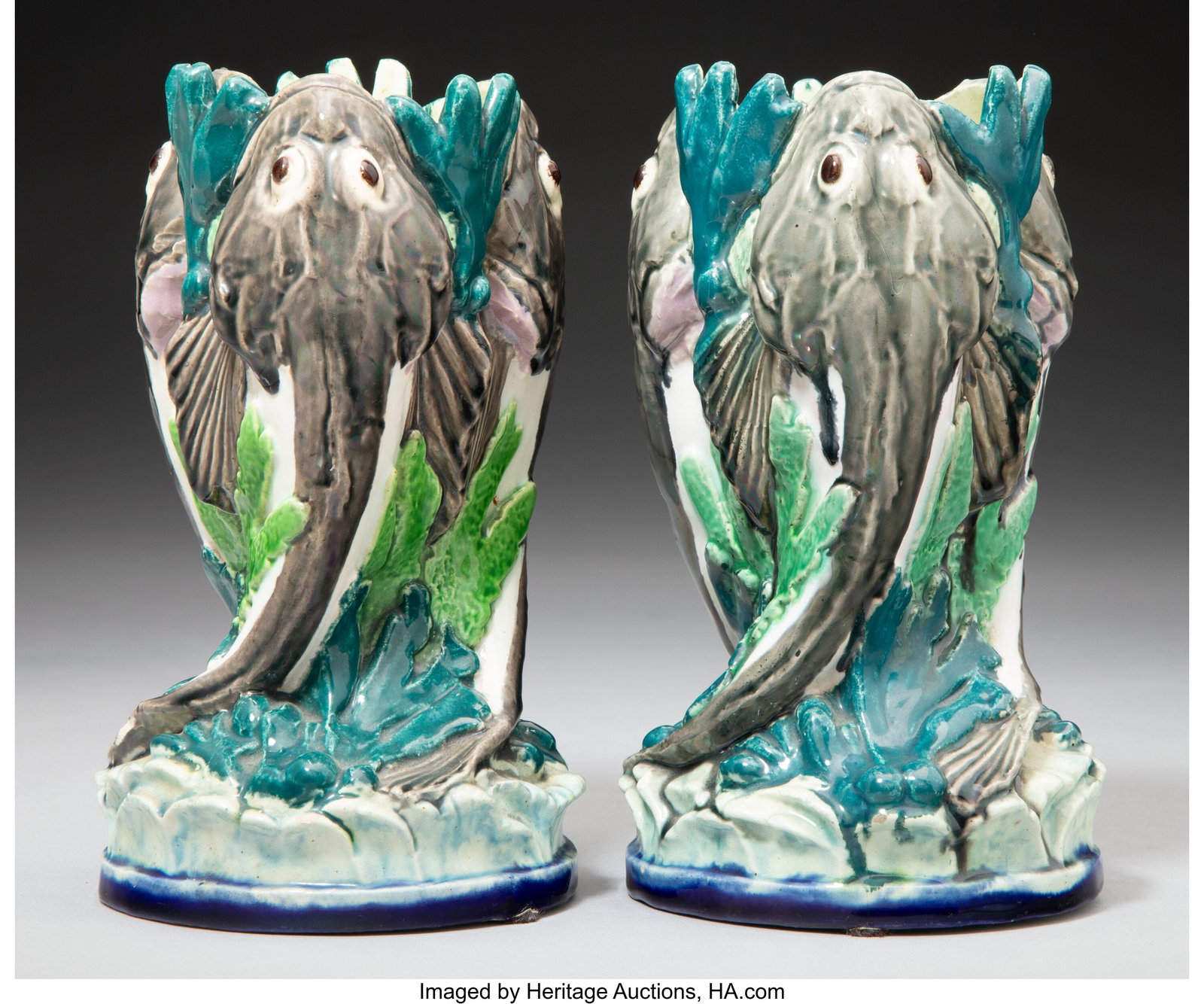 A Pair of Thomas Sergent Palissy Ware Monkfish V: A Pair of Thomas Sergent Palissy Ware Monkfish Vases, circa 1880 Marks: T.S 6-3/4 x 4 inches (17.1 x 10.2 cm) (each) HID03101062020 © 2024