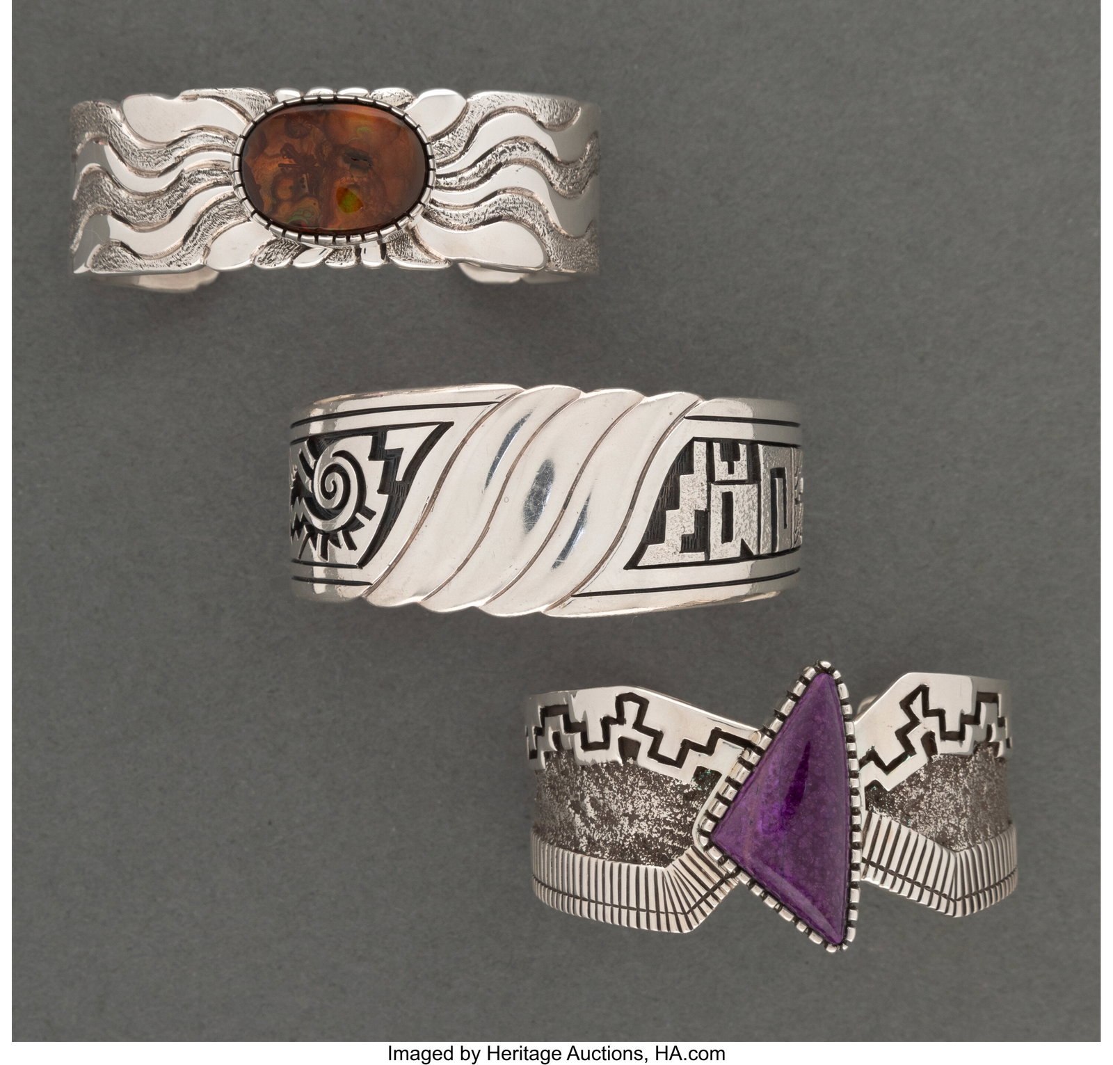 Three Southwest Bracelets c. 1995 one stamped: Three Southwest Bracelets c. 1995 one stamped W, Sterling; another hallmarked (Roy Talahaftewa) and stamped Sterling; and the last stamped Darrell Slim, Sterling