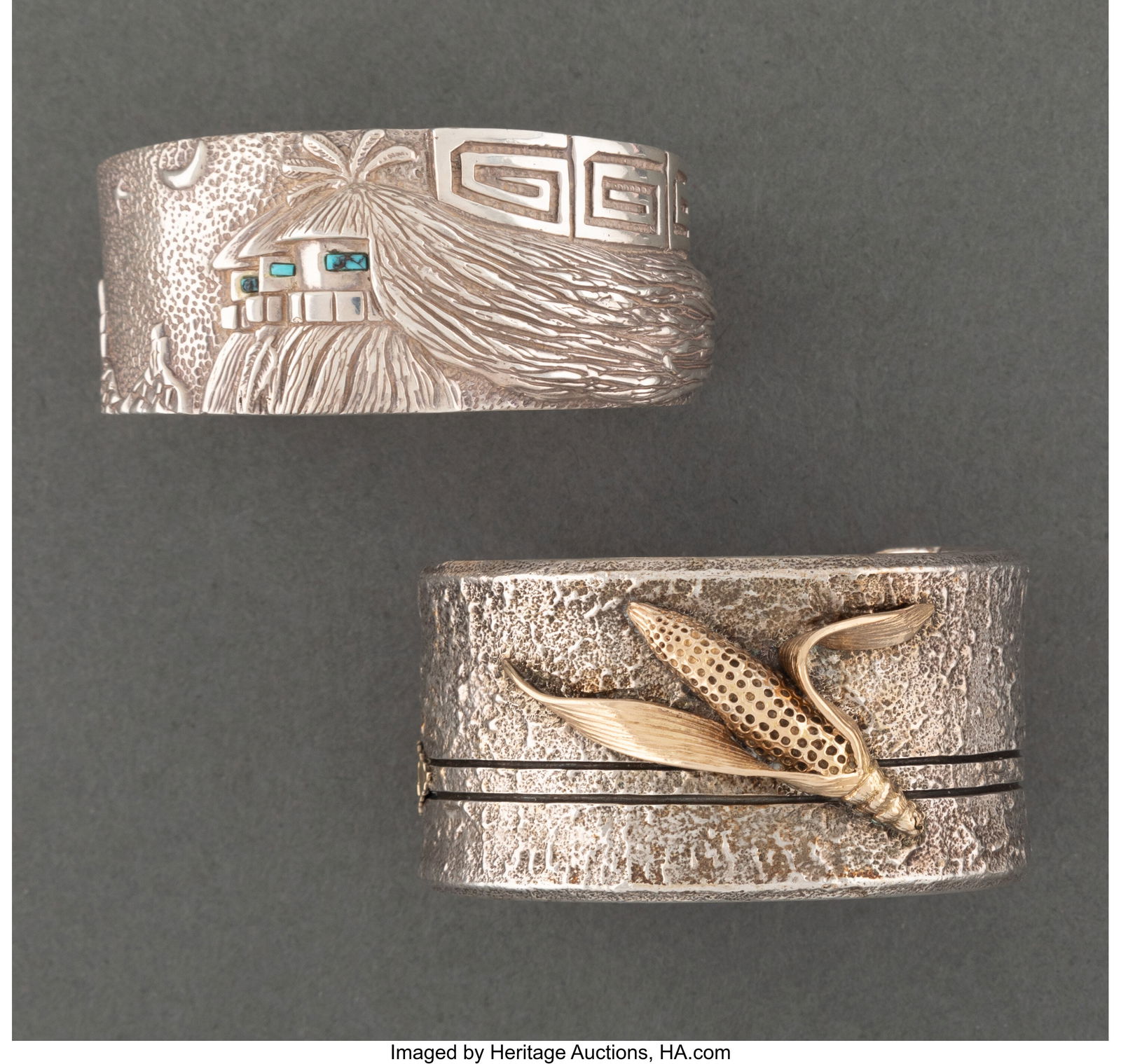 Two Southwest Bracelets c. 1990 one stamped JL: Two Southwest Bracelets c. 1990 one stamped JL (James Little), silver, gold, turquoise Widths: 2 &frac14; inches each HID03101062020 © 2024 Herit