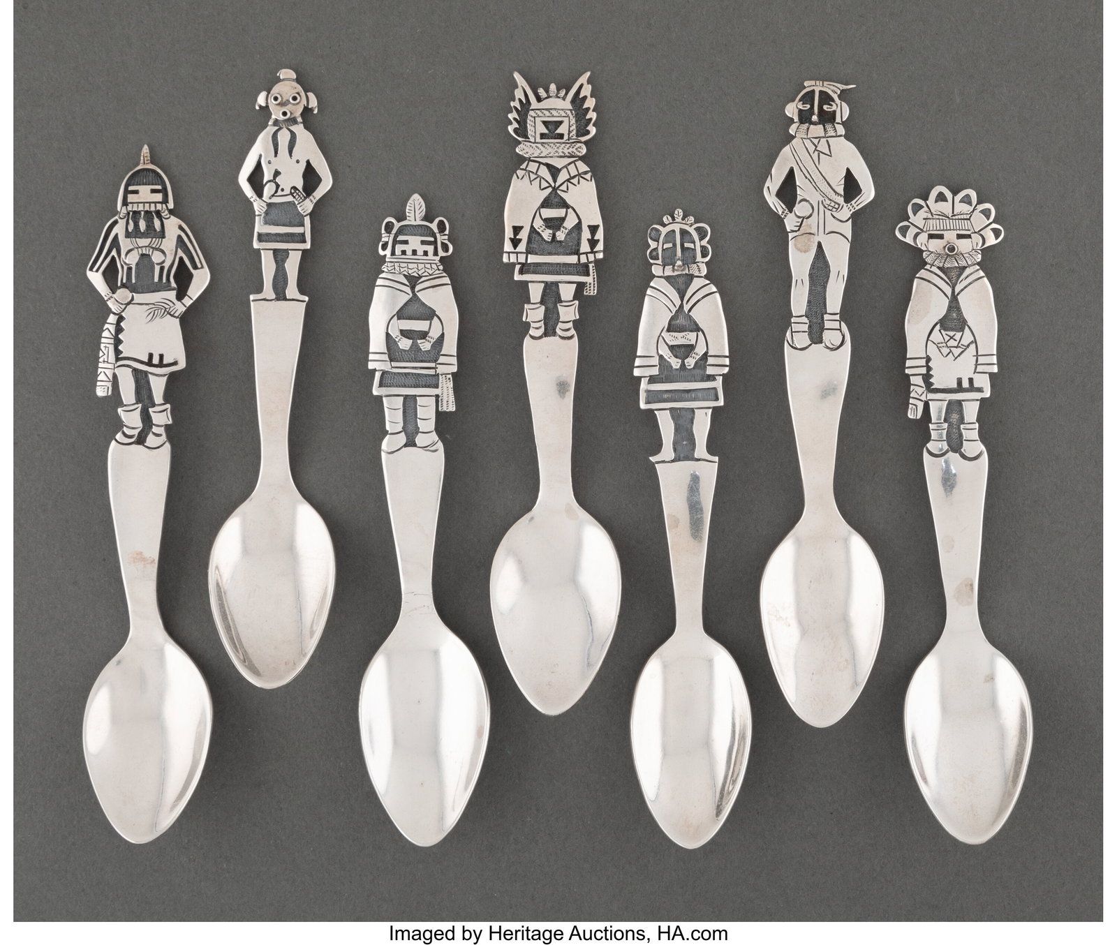 Seven Hopi Figural Spoons c. 1980 each hallmar: Seven Hopi Figural Spoons c. 1980 each hallmarked with the Hopi Guild mark, silver Lengths: 5 &frac12; inches each HID03101062020 © 2024 Heritage Auctions | All R
