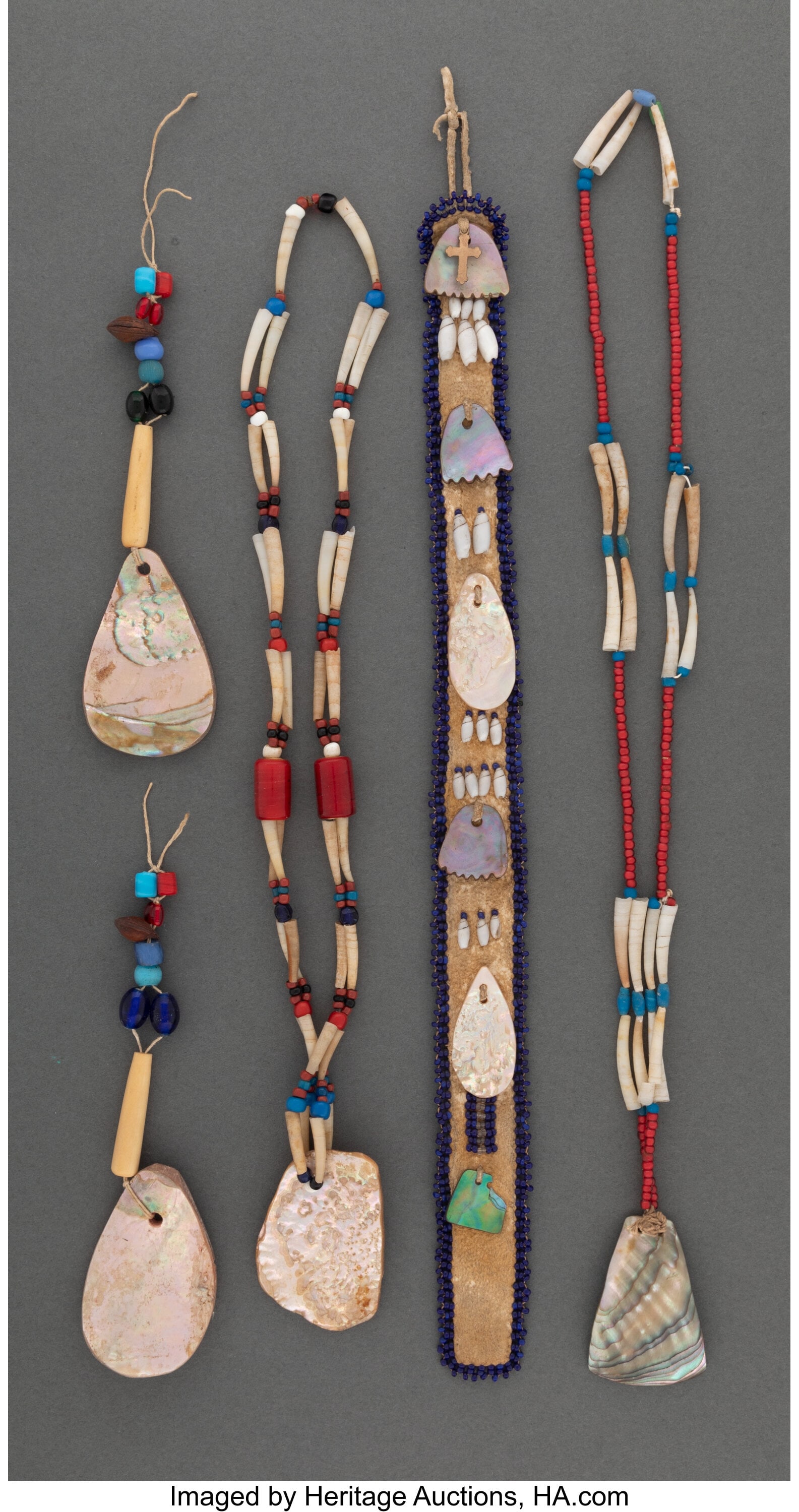 Four California Shell and Hide Adornments incl: Four California Shell and Hide Adornments including a pair of earrings; two necklaces; and a hair ornament (?); hide, dentalium shells, various glass beads&c