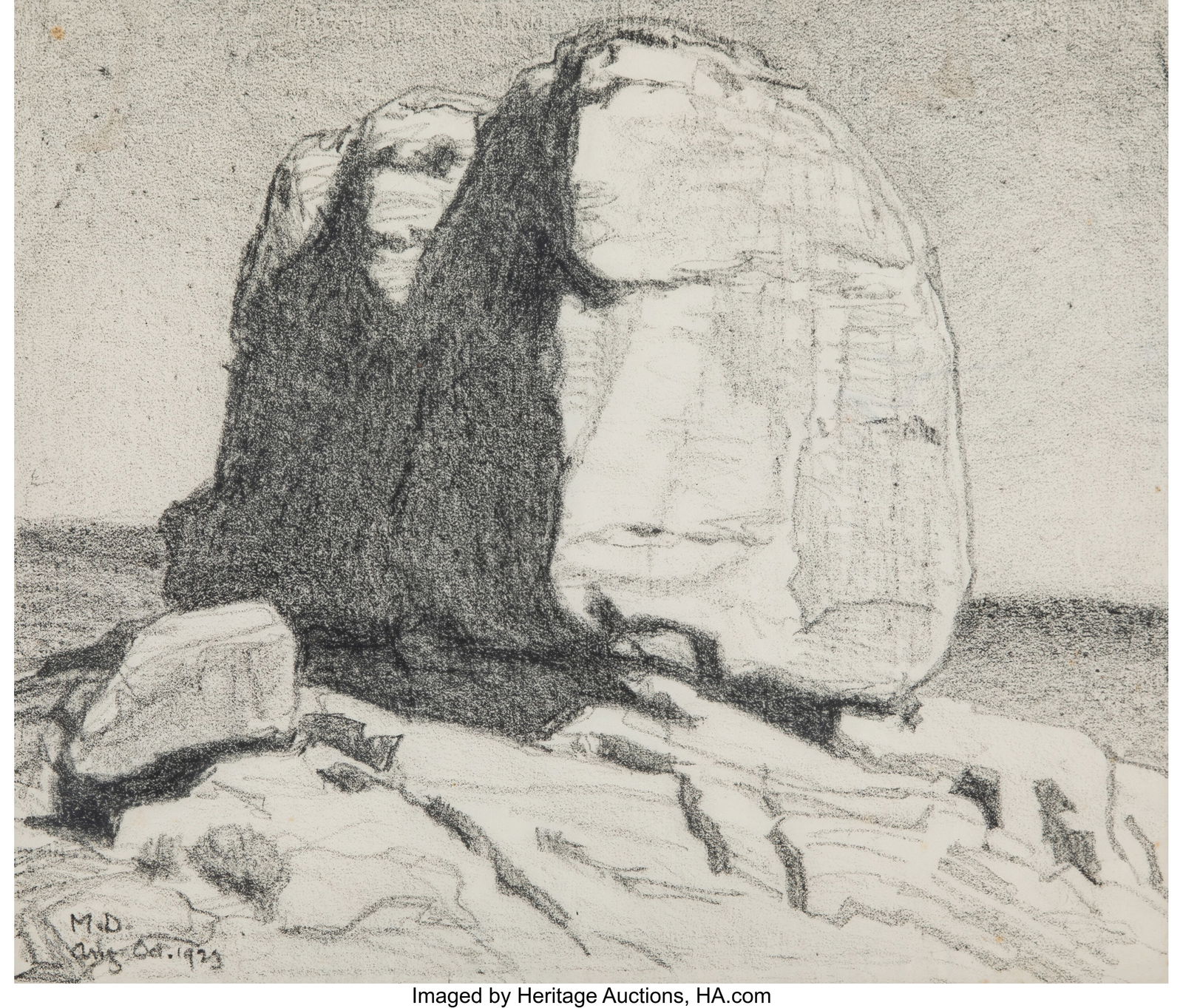 Maynard Dixon (American, 1875-1946) Sacred Rock,: Maynard Dixon (American, 1875-1946) Sacred Rock, Walpi, 1923 Crayon on paper 13-7/8 x 16 inches (35.2 x 40.6 cm) (sheet) Signed and dated lower left: M.D. / Aug-Oct 1923 PROVENANCE:The artist;Edith Ha