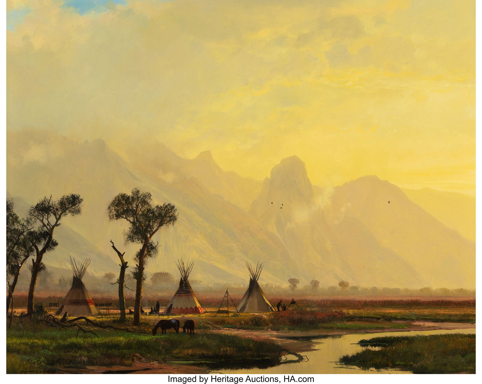 Michael Coleman (American, b. 1946) Indian Encam: Michael Coleman (American, b. 1946) Indian Encampment, circa 1994 Oil on Masonite 24 x 30 inches (61.0 x 76.2 cm) Signed lower left: Michael