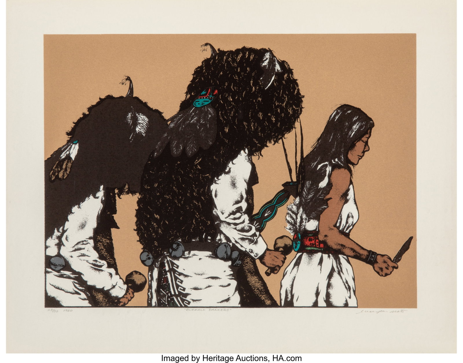 Liese Jean Scott (American, 20th century) Buffal: Liese Jean Scott (American, 20th century) Buffalo Dancers, 1980 Lithograph in colors on paper 14-3/4 x 18-3/4 inches (37.5 x 47.6 cm) (sight&