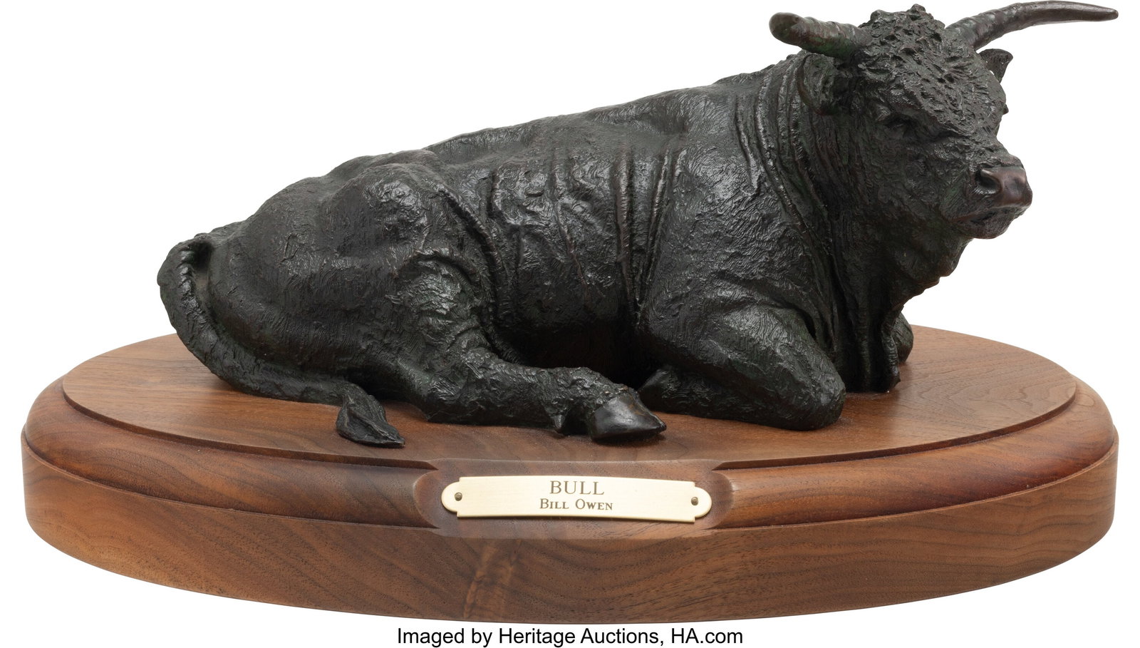 Bill Owen (American, 1942-2013) Bull, 1982 Bronz: Bill Owen (American, 1942-2013) Bull, 1982 Bronze with brown and green patina 4-3/4 x 12 inches (12.1 x 30.5 cm) high on 2 inches (5 cm) hig