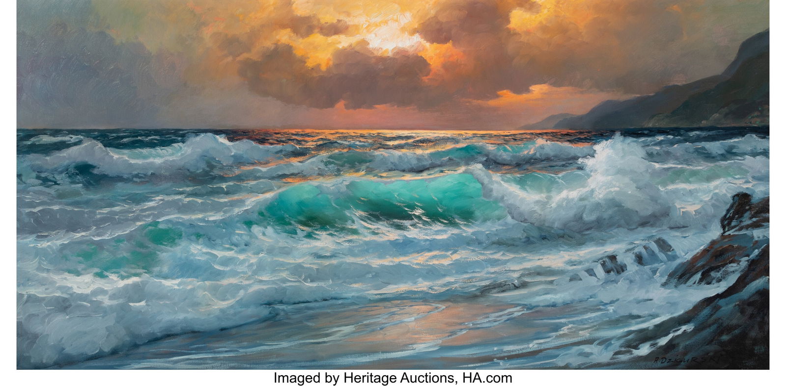 Alexander Dzigurski (Russian/American, 1911-1995: Alexander Dzigurski (Russian/American, 1911-1995) Crashing Waves at Sunset Oil on canvas 24 x 48 inches (61.0 x 121.9 cm) Signed lower right: A&period