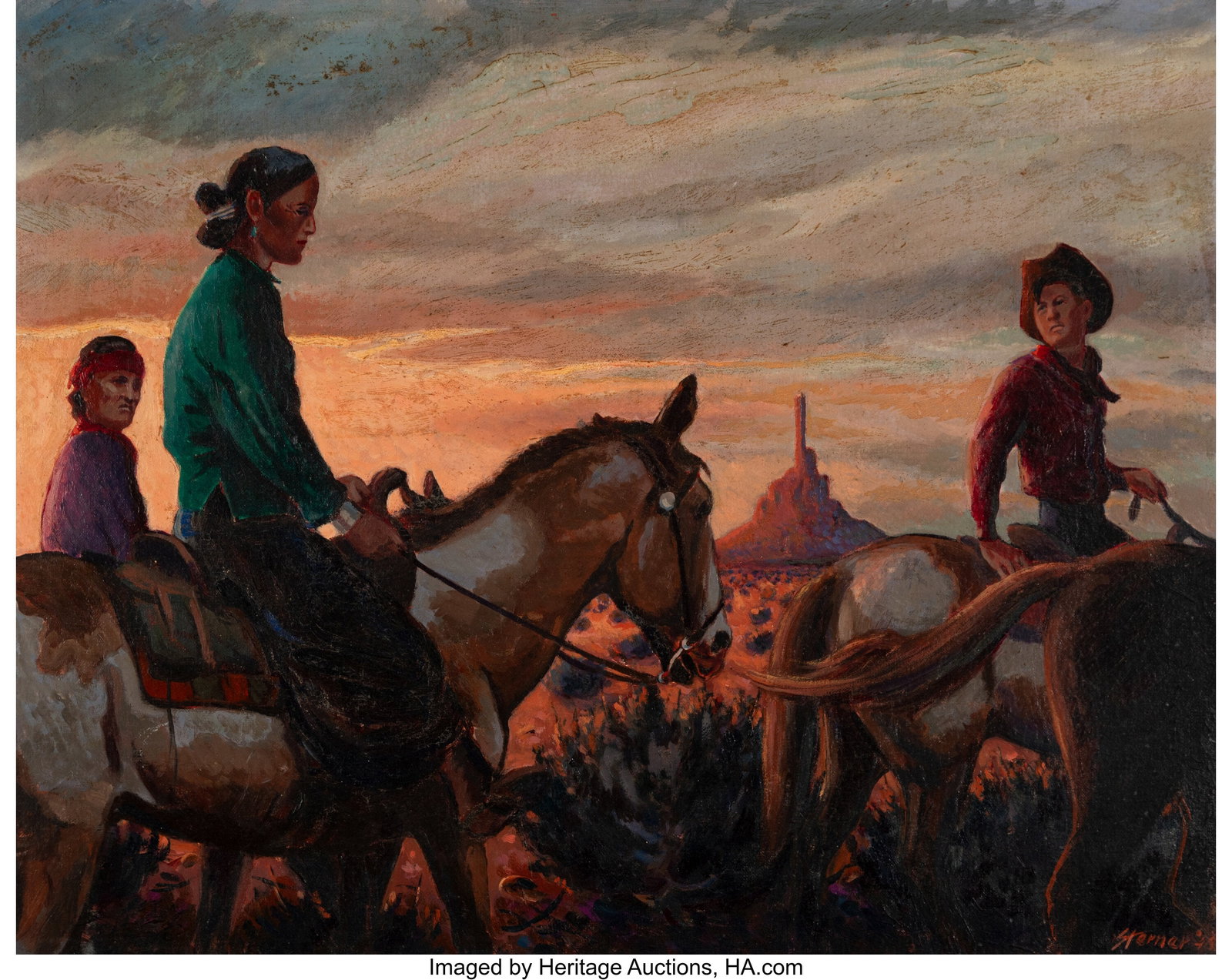 American School (20th Century) Oregon Trail with: American School (20th Century) Oregon Trail with Chimney Rock, 194_ Oil on canvasboard 18 x 24 inches (45.7 x 61.0 cm) Signed lower right: Sterner 