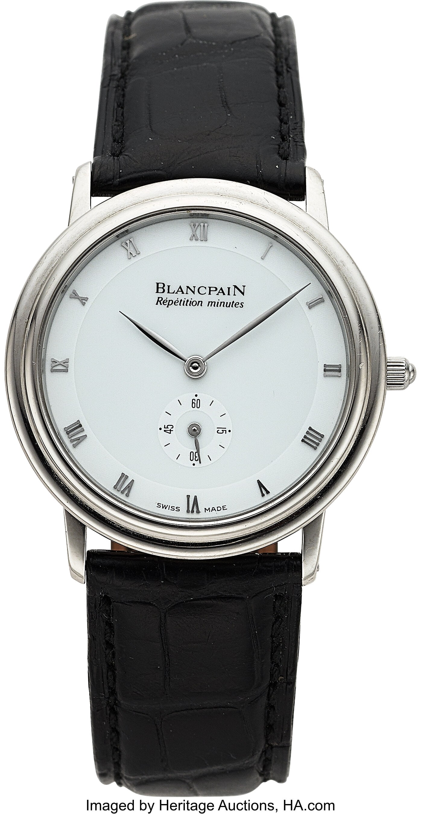 Blancpain, Platinum Minute Repeater Wristwatch,: Blancpain, Platinum Minute Repeater Wristwatch, Movement No. 3 Circa 1990's Case: 34 mm, platinum, Hagmann case Dial: white two tone dial, Roman hour i