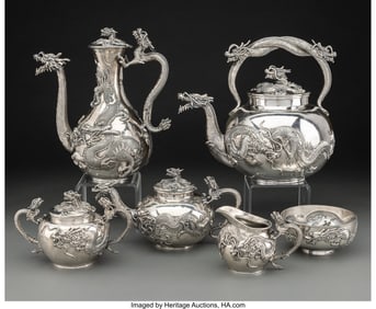 74082&colon; A Six-Piece Arthur & Bond Silver Dragon-Form Tea
