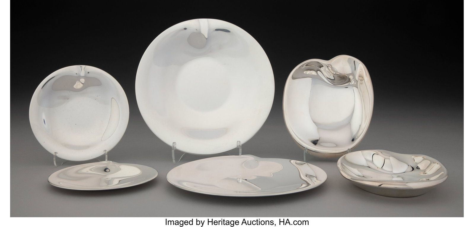 Six Elsa Peretti Silver Thumbprint Pattern Dishe: Six Elsa Peretti Silver Thumbprint Pattern Dishes for Tiffany & Co., New York, late 20th century Marks to largest: TIFFANY & CO., © Elsa Peretti&comm