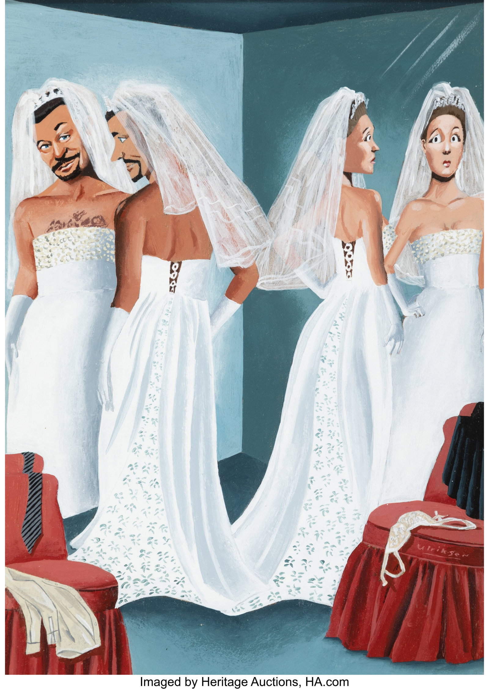 Mark Ulriksen (American, b. 1957) Dress-Reversal: Mark Ulriksen (American, b. 1957) Dress-Reversal, The New Yorker magazine cover, March 15, 2004 Acrylic on board 13 x 9 inches (33.0 x 22.9 