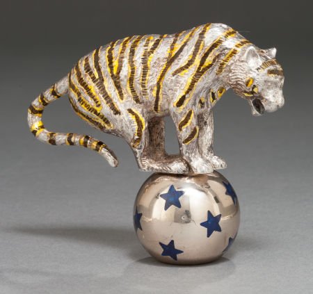 A TIFFANY & CO. SILVER AND ENAMEL BALANCING CIRC: A TIFFANY & CO. SILVER AND ENAMEL BALANCING CIRCUS TIGER DESIGNED BY GENE MOORE Tiffa