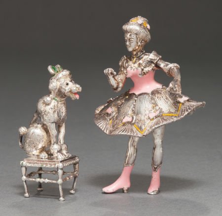 A TIFFANY & CO. SILVER AND ENAMEL CIRCUS POODLE : A TIFFANY & CO. SILVER AND ENAMEL CIRCUS POODLE TRAINER GROUP DESIGNED BY GENE MOORE 