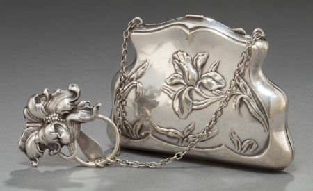 AN UNGER BROTHERS SILVER CHATELAINE CLIP AND SIL: AN UNGER BROTHERS SILVER CHATELAINE CLIP AND SILVER PLATED PURSE Unger Bros., Newark
