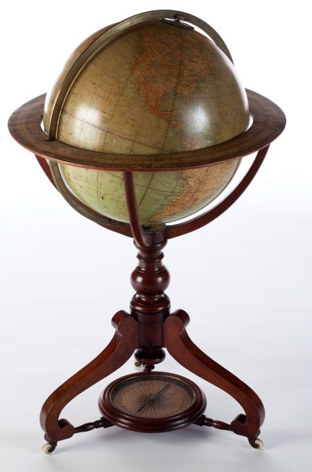 A W. & A.K. JOHNSTON VICTORIAN TERRESTRIAL GLOBE: A W. & A.K. JOHNSTON VICTORIAN TERRESTRIAL GLOBE AND COMPASS IN MAHOGANY STAND W. & A