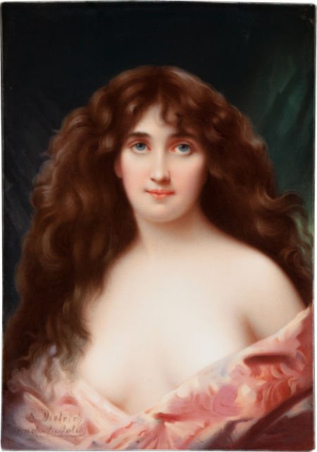 A FRAMED HEUBACH PORCELAIN PLAQUE PAINTED BY DIE: A FRAMED HEUBACH PORCELAIN PLAQUE PAINTED BY DIETRICH AFTER ASTI: REVERIE 