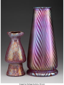 27005&colon; Two Decorated Iridescent Glass Vases&comma; 20th centu