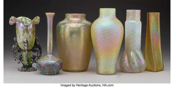 27009&colon; A Collection of Six Bohemian Iridescent Glass Va