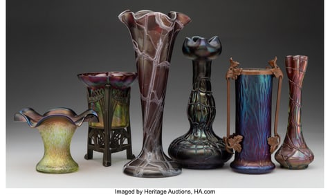 27011&colon; Six Bohemian Decorated Glass and Metal-Mounted V