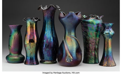 27012&colon; Six Rindskopf Iridescent Glass Vases&comma; circa 1900