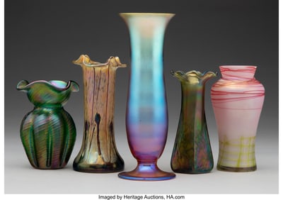 27014&colon; A Group of Five Bohemian Iridescent Glass Vases 