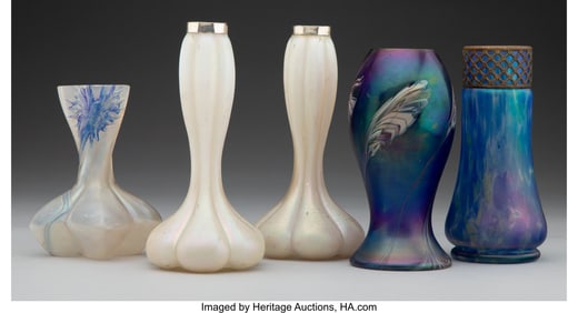 27015&colon; Five Bohemian Iridescent Glass Vases&comma; circa 1900