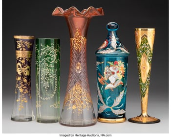 27019&colon; Five Bohemian Gilt and Enameled Glass Vases Mark