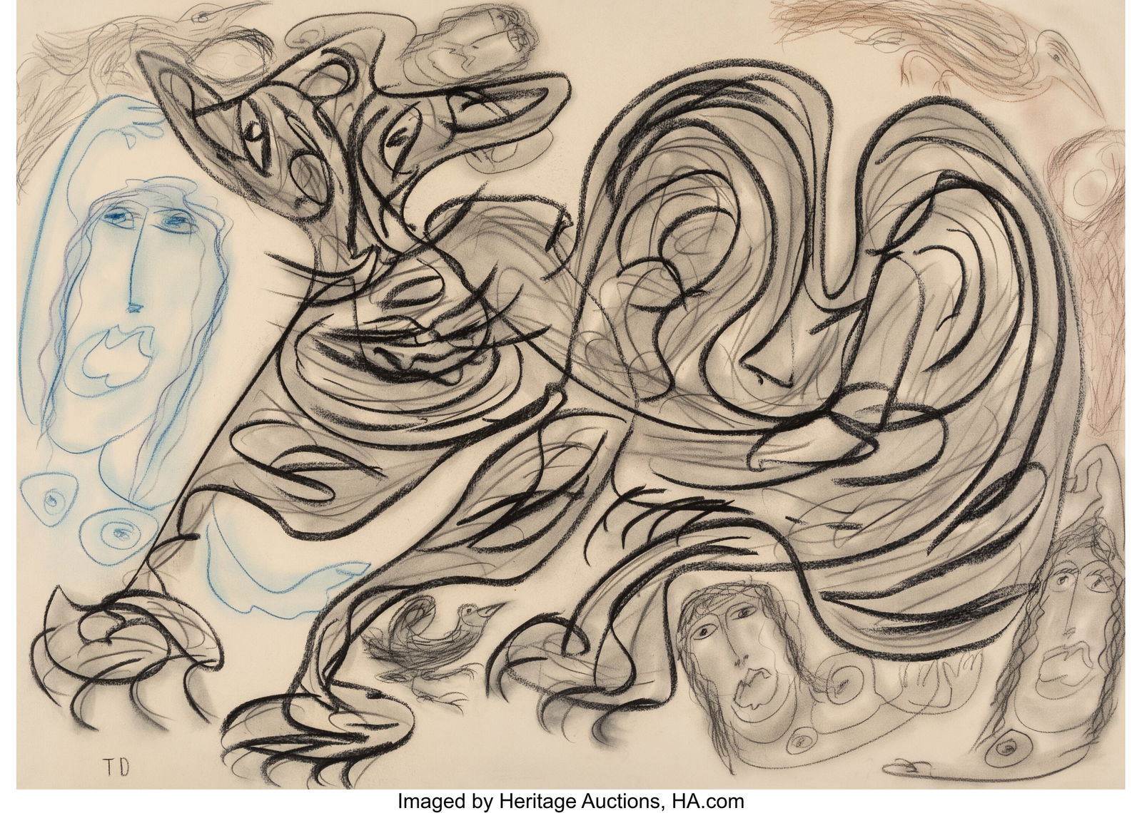 Thornton Dial Sr. (American, 1928-2016) Nesting,: Thornton Dial Sr. (American, 1928-2016) Nesting, 1992 Pastel and charcoal on paper 29-1/2 x 41-1/2 inches (74.9 x 105.4 cm) (sheet) Initialed lower left: TD PROVENANCE:Souls Grown Deep Foundation, Atl