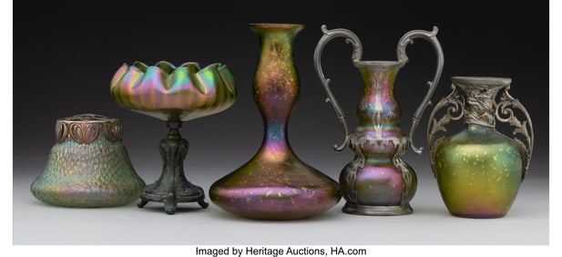 27021&colon; Five Bohemian Green Iridescent Glass Vases Marks