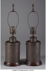 27051&colon; A Pair of Mounted Metal Can Table Lamps&comma; 20th ce