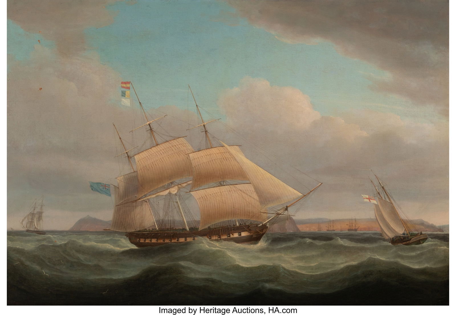 Thomas Whitcombe (British, 1763-1824) British fr: Thomas Whitcombe (British, 1763-1824) British frigate and fishing craft off Dover Oil on canvas 24-3/4 x 35-3/4 inches (62.9 x 90.8 cm) Faintly signed l