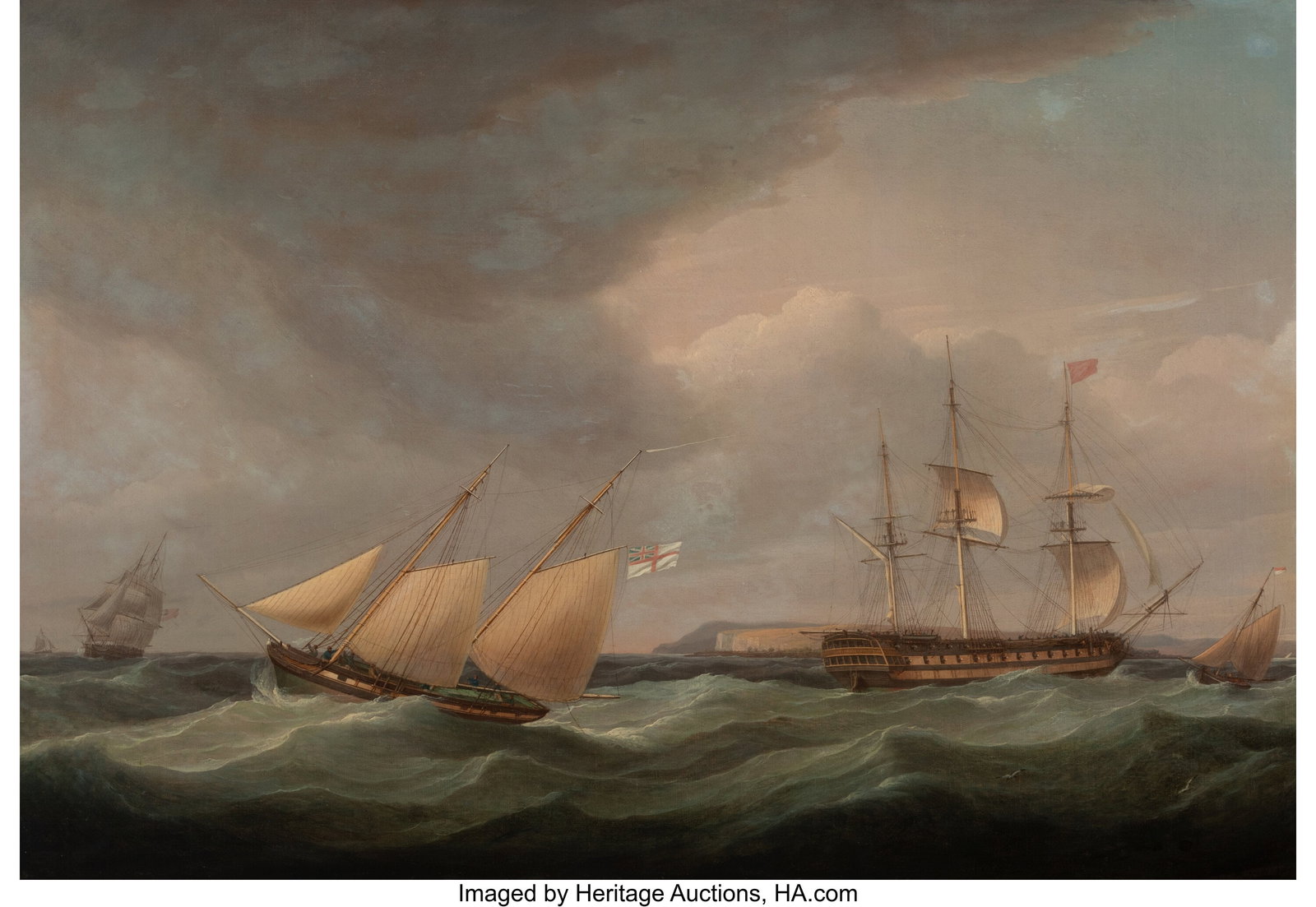 Thomas Whitcombe (British, 1763-1824) British fr: Thomas Whitcombe (British, 1763-1824) British frigate and fishing vessels off Dover Oil on canvas 24-3/4 x 35-3/4 inches (62.9 x 90.8 cm) Faintly signed