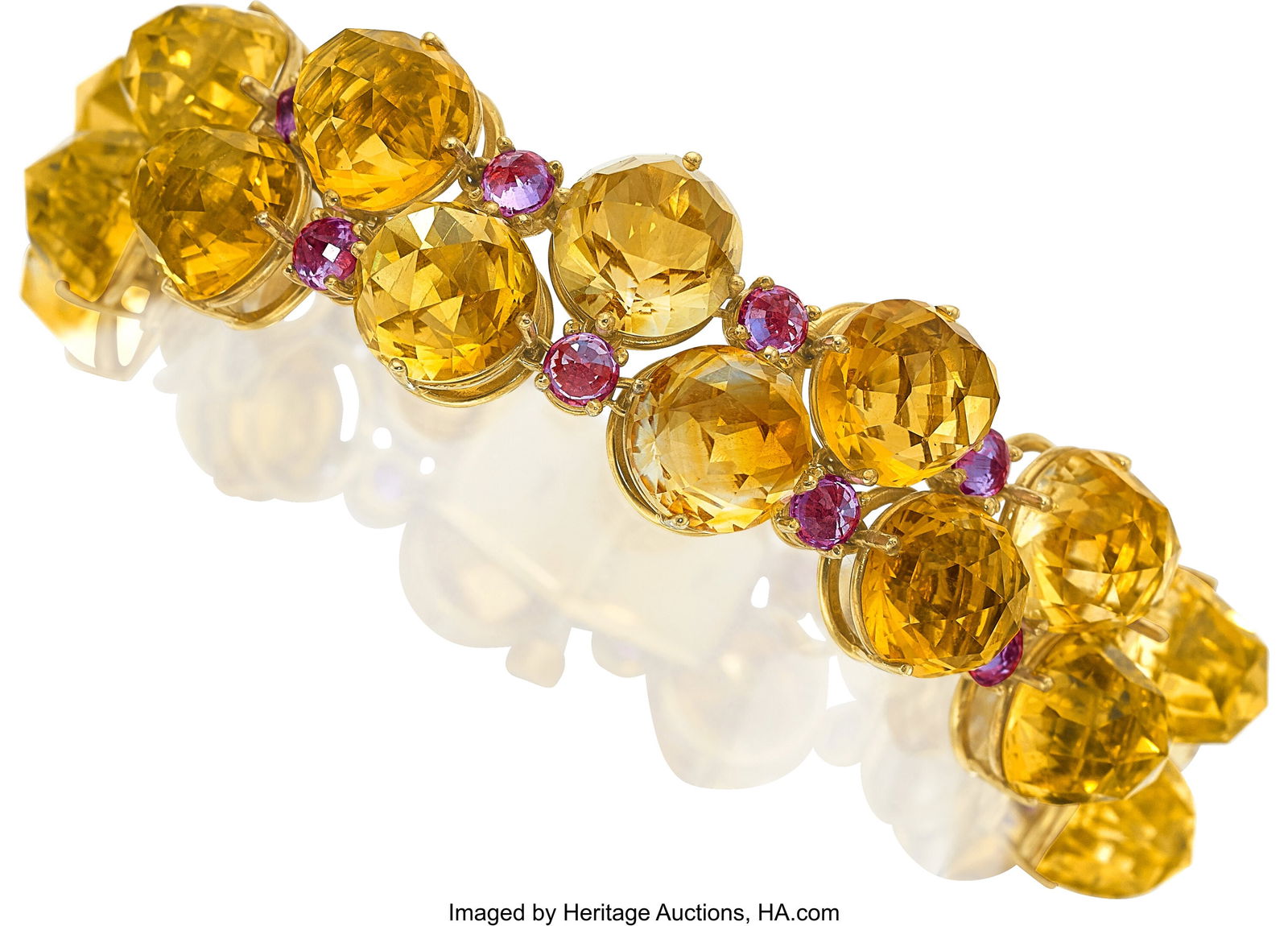 Paolo Costagli Citrine, Pink Sapphire, Gold Bra: Paolo Costagli Citrine, Pink Sapphire, Gold Bracelet Stones: Reverse set round-shaped pink sapphires weighing a total of approximately 7.00 carats; briolette-shaped citri