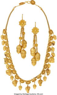 55318: Lalaounis, Gold Jewelry Suite Metal: High karat: Lalaounis, Gold Jewelry Suite Metal: High karat and 18k gold Marked: for Ilias Lalaounis Gross Weight: 96.50 grams Necklace Dimensions: 15-1/2 inches x 1 inch