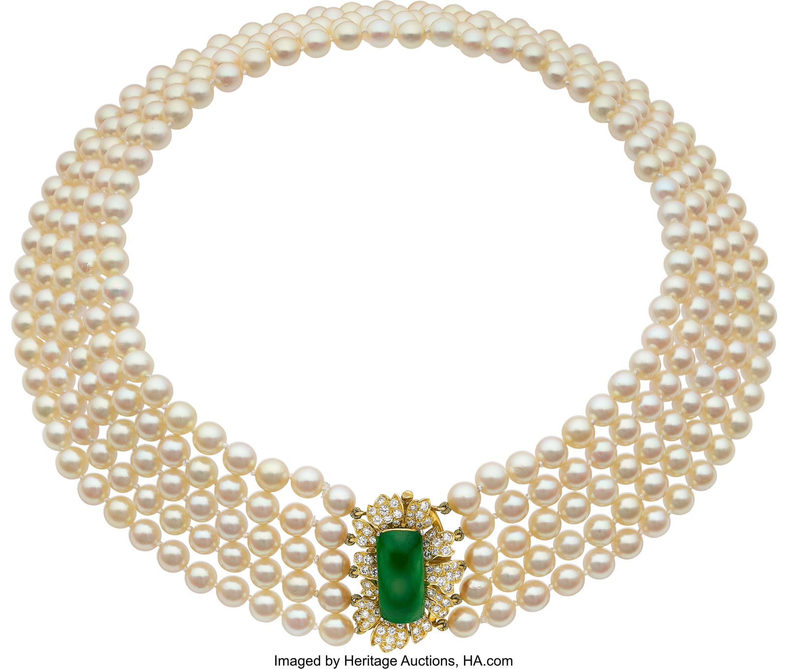 Julius Cohen Jadeite Jade, Cultured Pearl, Diam: Julius Cohen Jadeite Jade, Cultured Pearl, Diamond, Gold Necklace Stones: Jadeite jade cabochon; full-cut diamonds weighing a total of approximately 1.00 carat Pear