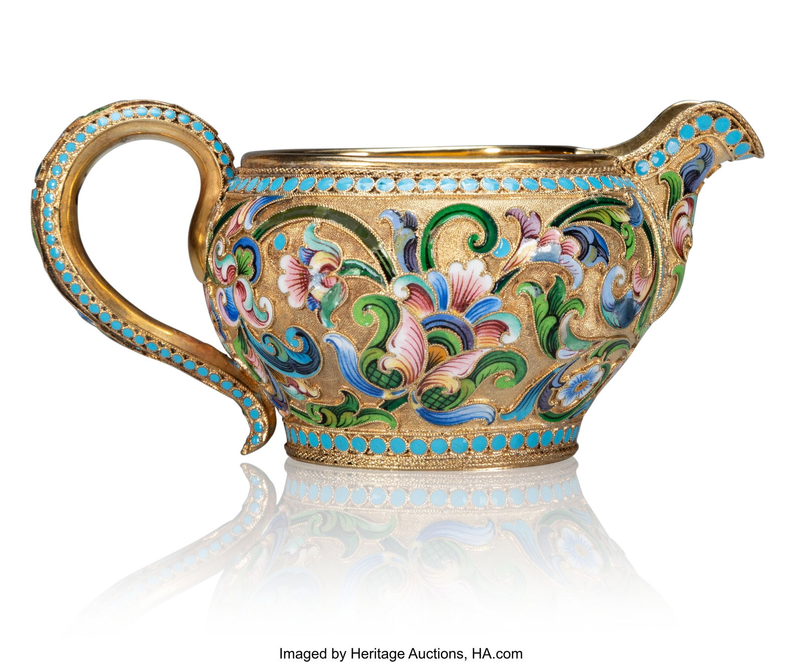 A Russian Cloisonné Enameled Gilt Silver Creame (1 of 6)