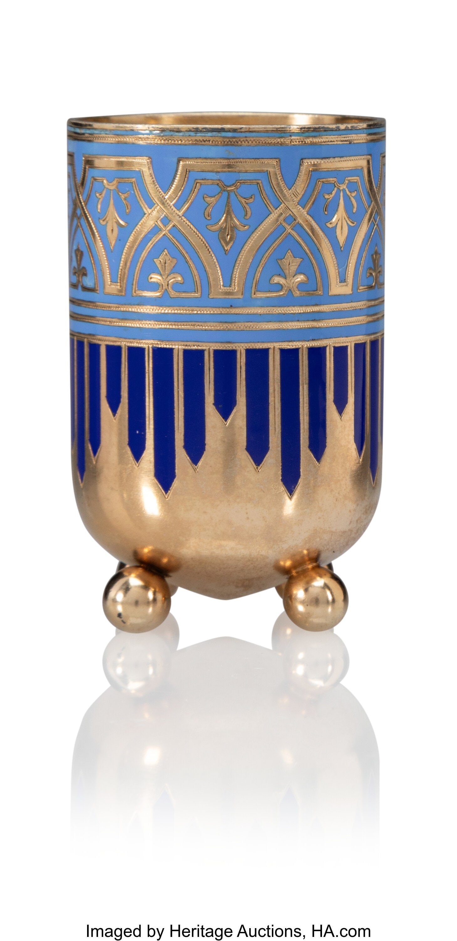 A Russian Champlevé Enameled Silver Footed Beak: A Russian Champlevé Enameled Silver Footed Beaker Grachev Brothers, St. Petersburg, before 1899 2-5/8 x 1-5/8 inches (6.7 x 4.1 cm) 88 grams P