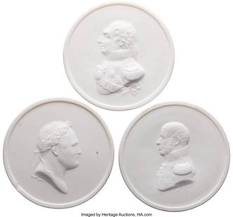 82201: A Group of Three Russian Porcelain Bisque Commem: A Group of Three Russian Porcelain Bisque Commemorative Medallions Imperial Porcelain Factory, St. Petersburg, Period of Nicholas II (1894-1917), circa 1913 2-1/