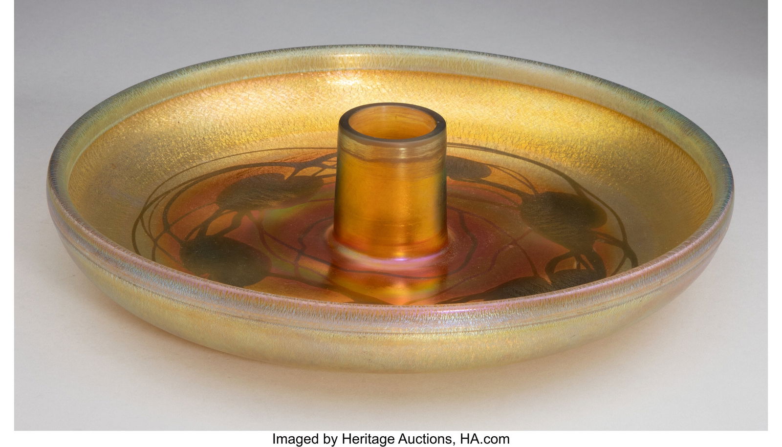 Tiffany Studios Lily Pad Centerpiece, circa 1910: Tiffany Studios Lily Pad Centerpiece, circa 1910 USA Decorated Favrile glass 2-1/2 x 12-7/8 inches (6.3 x 32.7 cm) Marks: 7454L, L.C. Ti