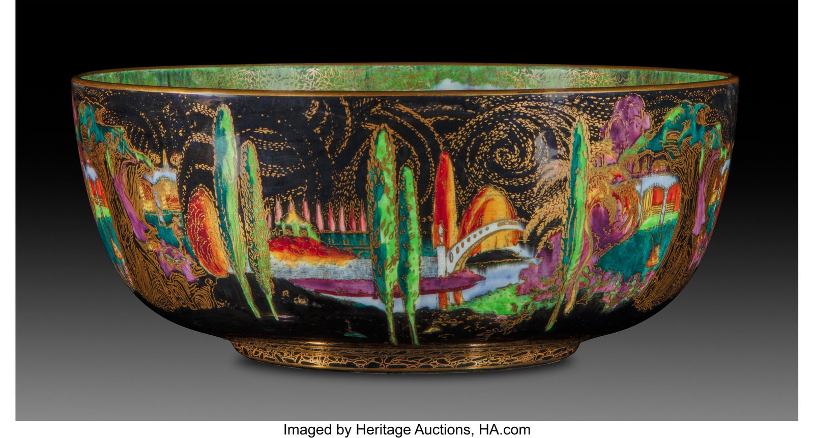 Daisy Makeig-Jones for Wedgwood Fairyland Lustre: Daisy Makeig-Jones for Wedgwood Fairyland Lustre Poplar Trees Bowl, circa 1925 England Glazed porcelain 4-3/8 x 10-1/4 inches (11.1 x 26.0 cm) Marks: (