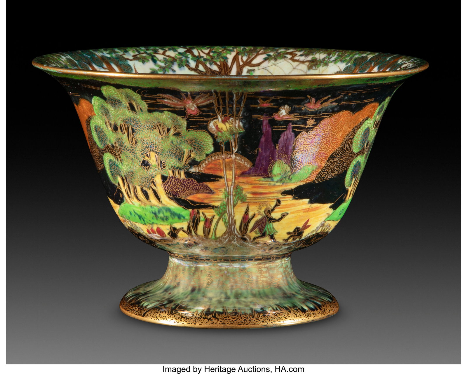 Daisy Makeig-Jones for Wedgwood Fairyland Lustre: Daisy Makeig-Jones for Wedgwood Fairyland Lustre Woodland Bridge Footed Bowl, circa 1925 England Glazed porcelain 6 inches (15.2 cm) Marks: (Portland vase)&comma