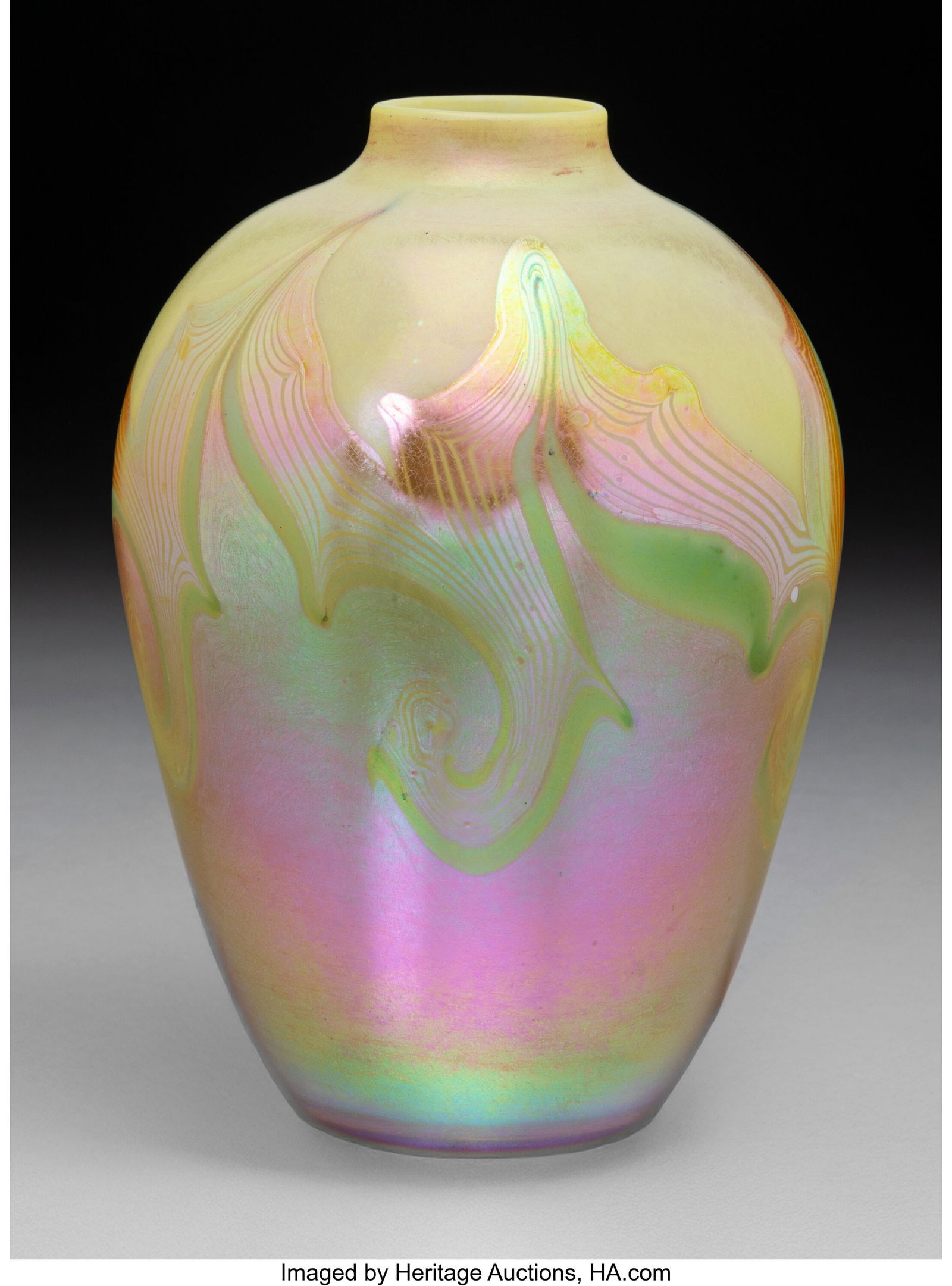Tiffany Studios Hooked Feather Vase, circa 1910: Tiffany Studios Hooked Feather Vase, circa 1910 USA Decorated Favrile glass 5-5/8 inches (14.3 cm) Marks: L.C.T. O1085 Property from A.C&pe