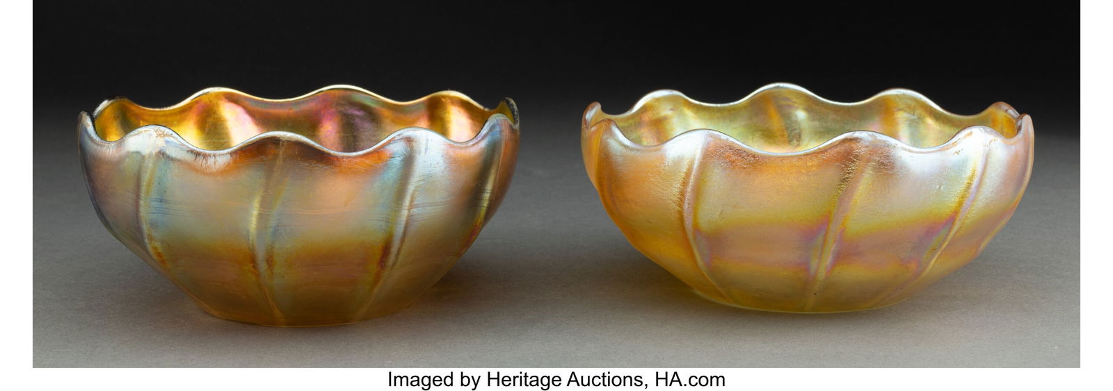 Tiffany Studios Two Bowls, circa 1910 USA Favri: Tiffany Studios Two Bowls, circa 1910 USA Favrile glass 3 x 6-1/4 inches (7.6 x 15.9 cm) (each) Marks: L.C.T. Favrile Property fr
