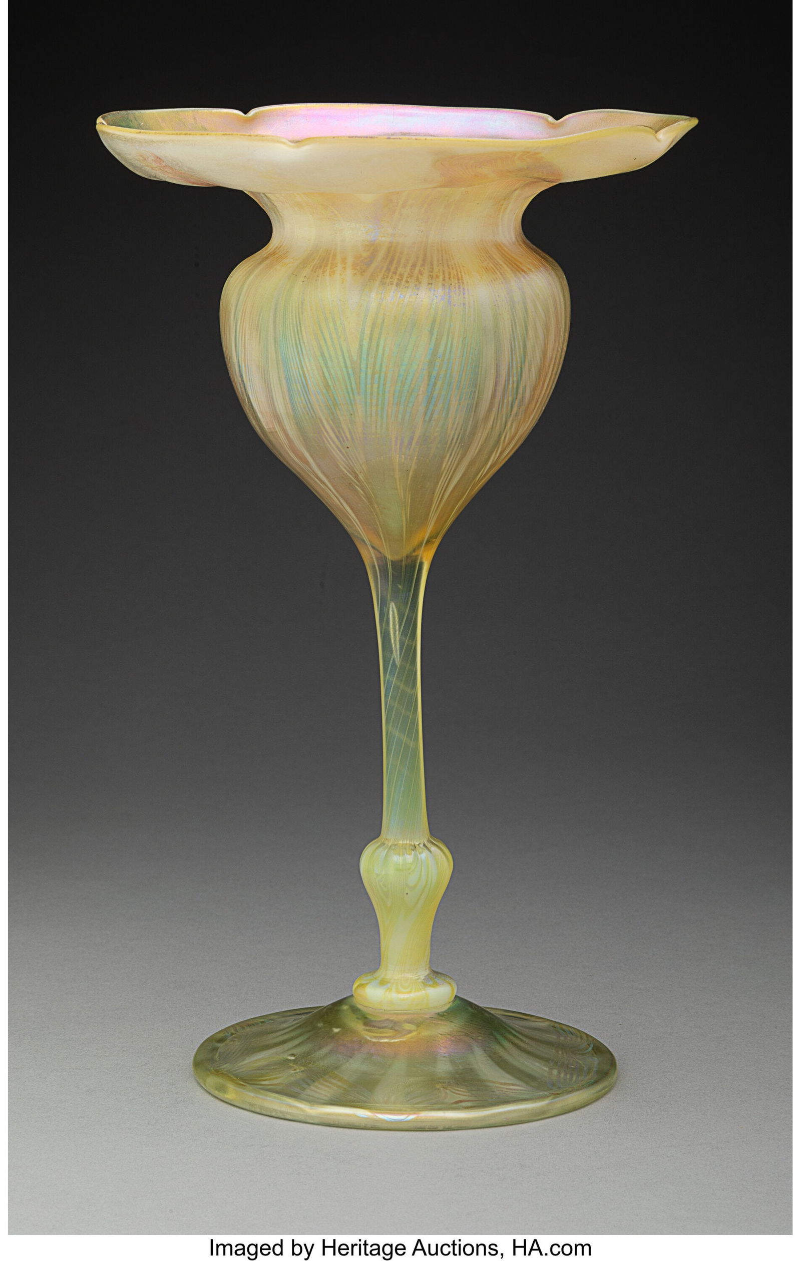 Tiffany Studios Fine Floriform Vase, circa 1910: Tiffany Studios Fine Floriform Vase, circa 1910 USA Decorated Favrile glass 9-3/4 inches (24.8 cm) Marks: L.C.T. F355 Property from A.C&per