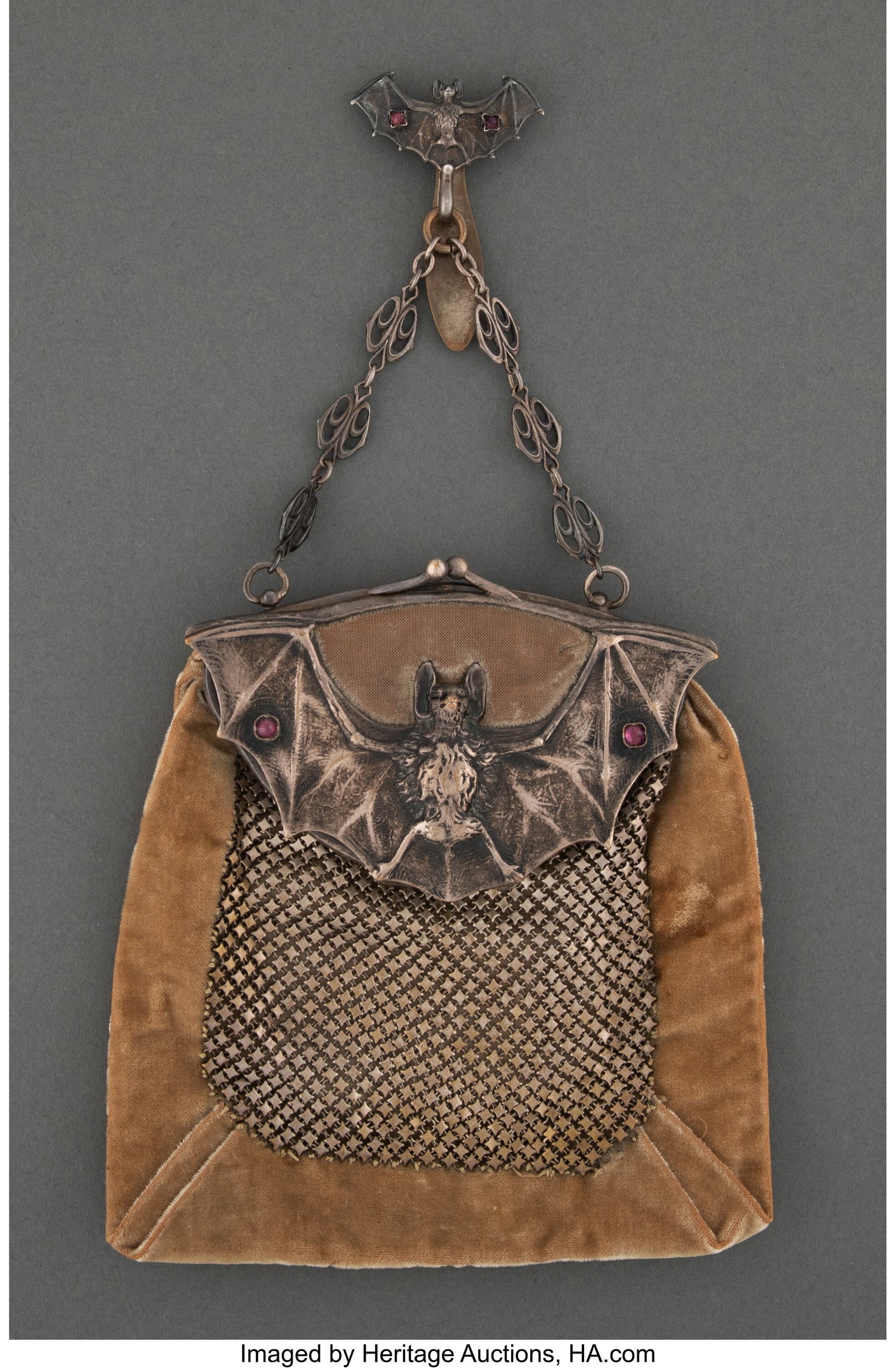 American Bat Coin Purse, circa 1900 Silver-plat: American Bat Coin Purse, circa 1900 Silver-plated metal, velvet 9 x 5 inches (22.9 x 12.7 cm) HID03101062020 © 2024 Heritage Auctions | All Rights Reserve