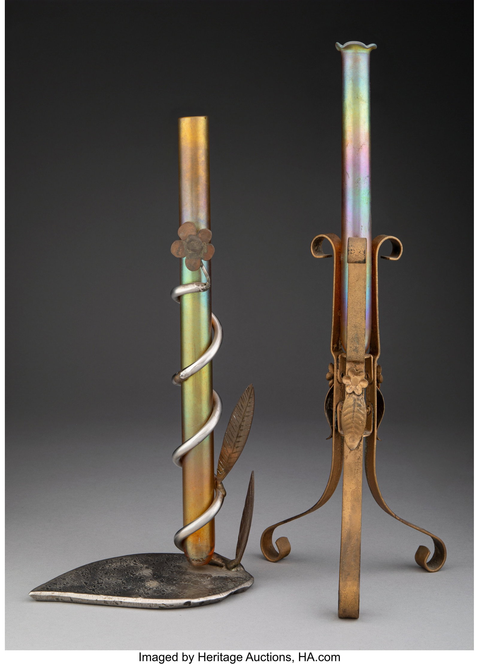 Quezal Two Soliflore Vases with Stands, circa 1: Quezal Two Soliflore Vases with Stands, circa 1905 USA Iridescent glass, gilt metal 11-1/8 inches (28.3 cm) (tallest, overall) Marks: Quezal HID0